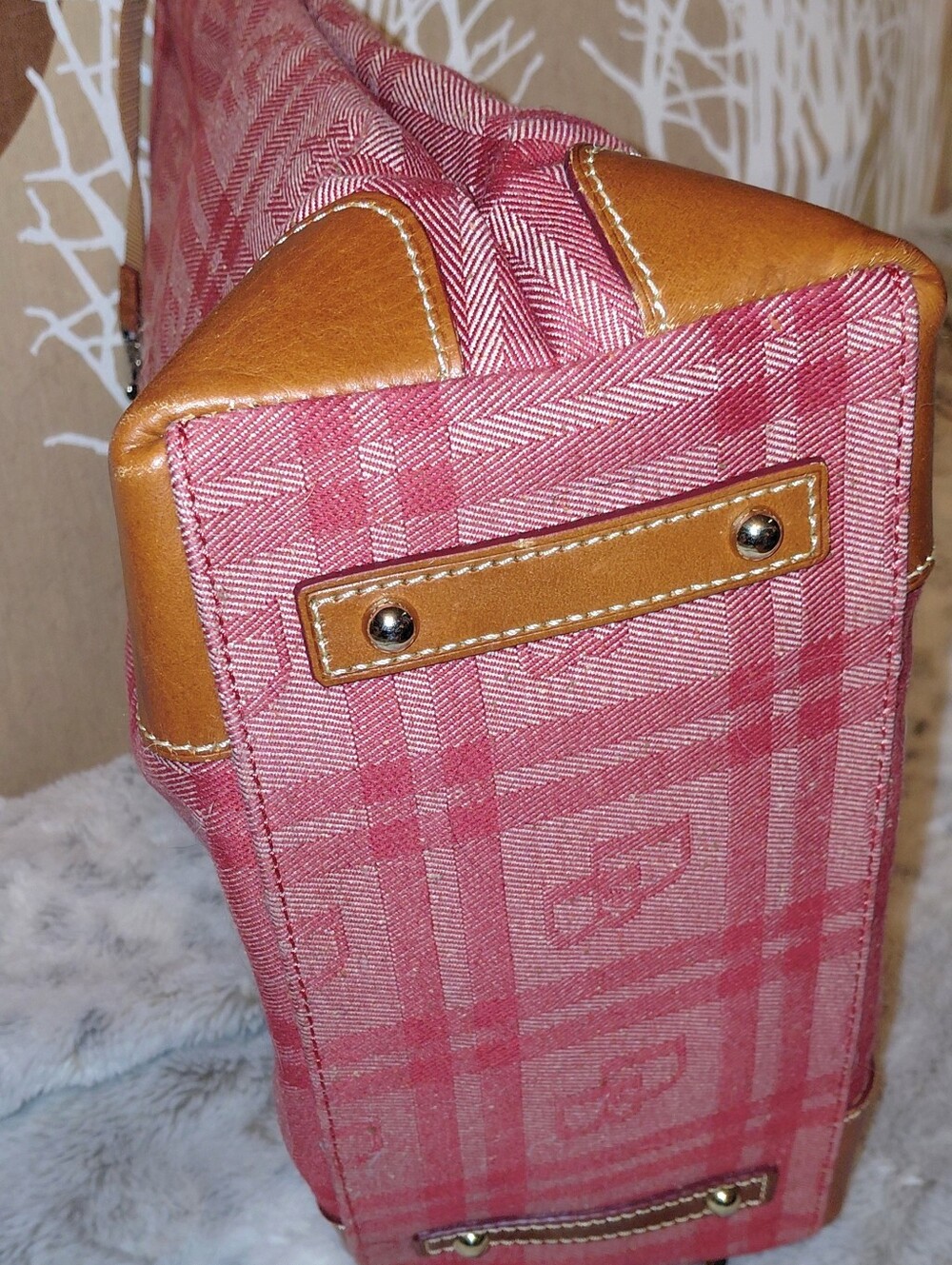 Dooney & Bourke Red Plaid Crossbody with Brown Leather Trim and Tassel. - Picture 5 of 6